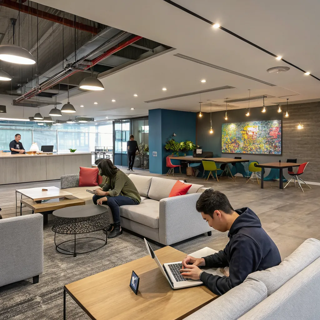 Modern hybrid cowork and play lounge workspace