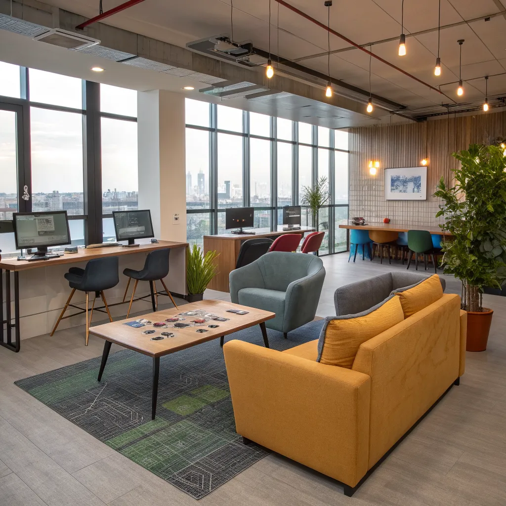 Hybrid cowork and play lounge interior
